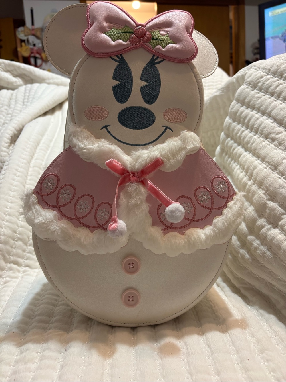 Loungefly Pink & Cream Minnie Mouse Snowman Crossbody Backpack